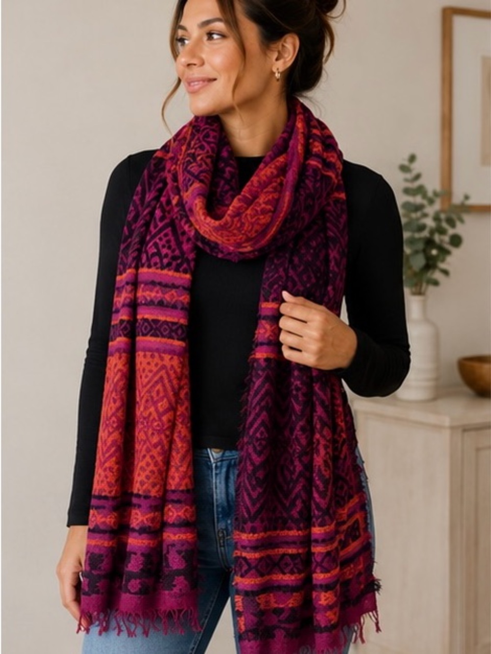 One of A Kind Boho Tribal Burgundy Cotton Mix Scarf Wrap | Soft & Vibrant